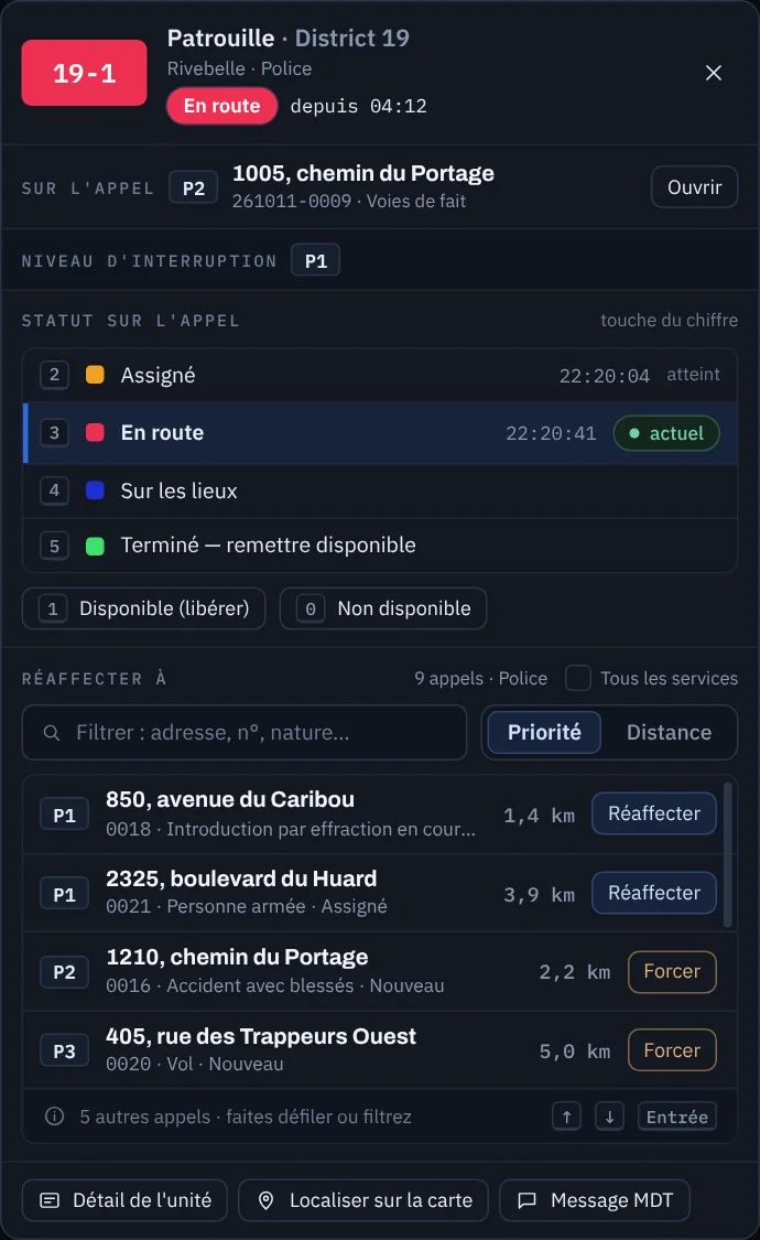 Menu d'une unité : statut, réaffectation et message
