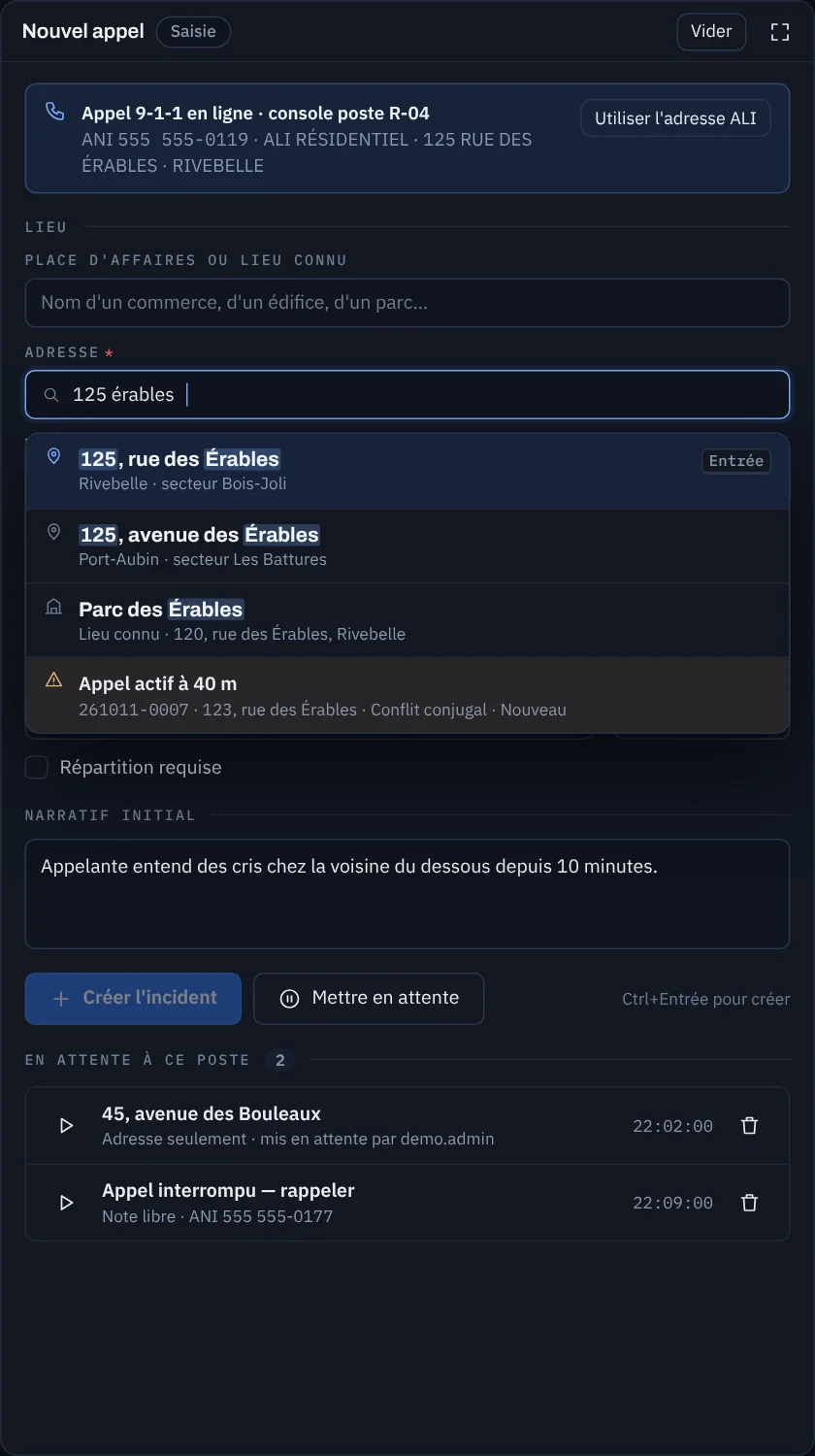 Saisie d'un nouvel appel avec suggestions d'adresse
