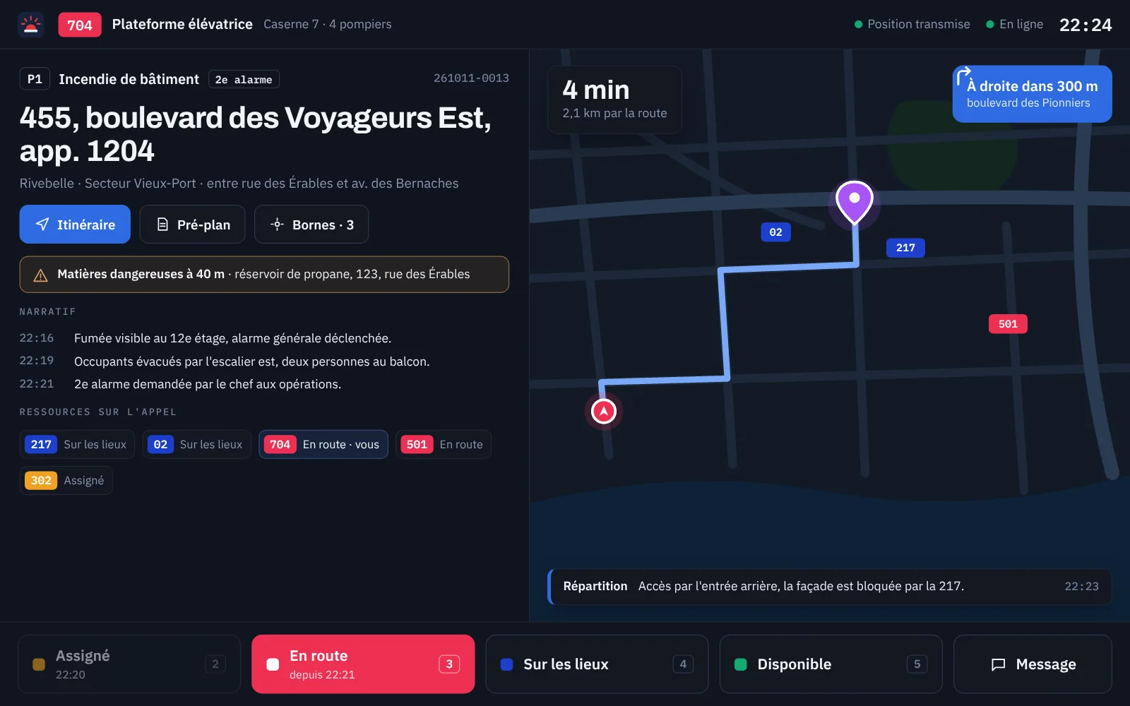 Application véhiculaire : carte d'appel, itinéraire et boutons de statut
